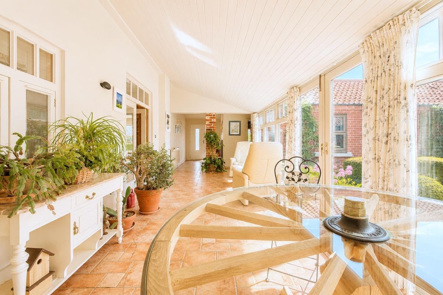 A long, light garden room filled with plants